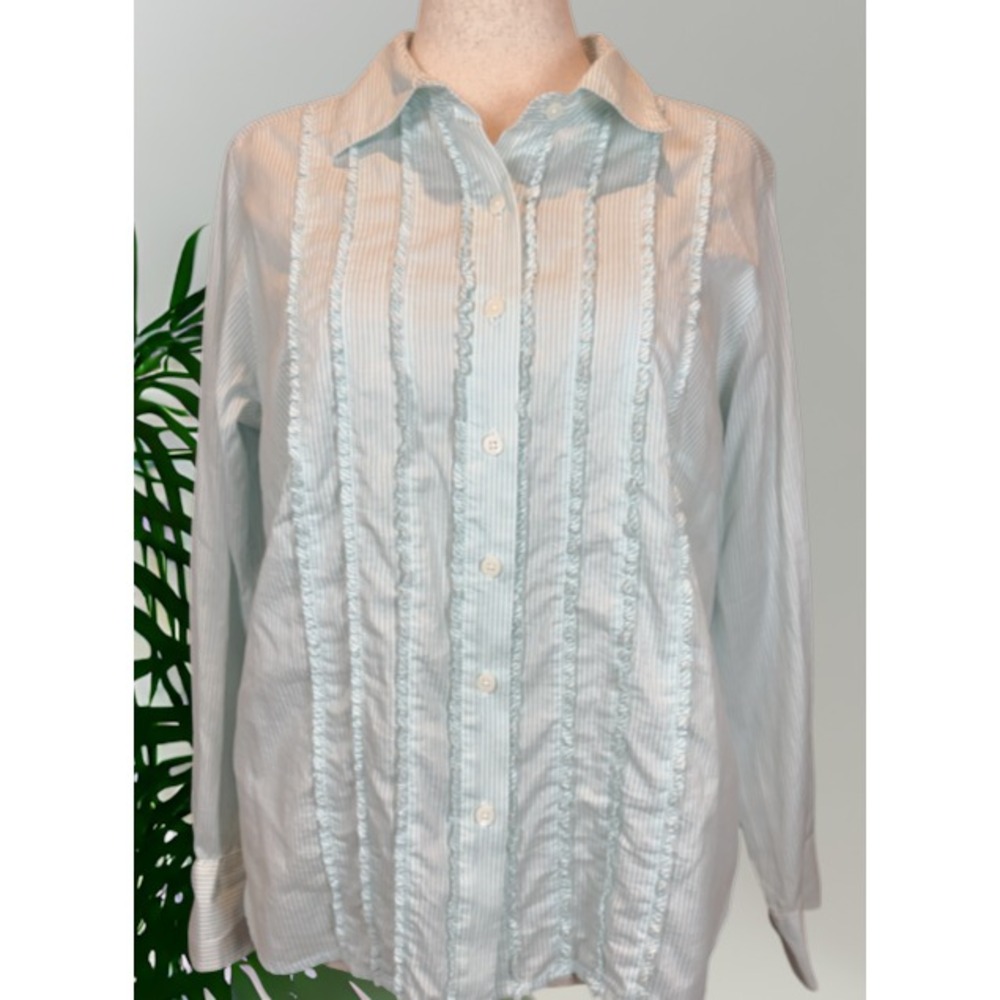 NEW Talbots Woman Petites 1X Ruffled Tuxedo Shirt 100% Cotton Green White Stripe